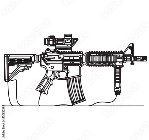 Black and White Line Art Illustration of a Tactical Assault Rifle with Scope Grip and Magazine Detailed Firearm Drawing