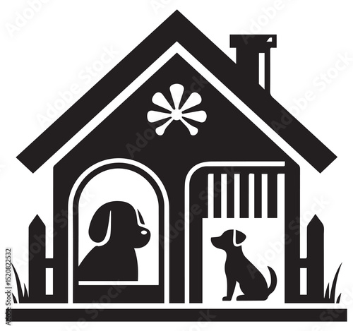 Black Silhouette Pet Dog House Icon with Two Dogs Inside Kennel Archway Fence Grass