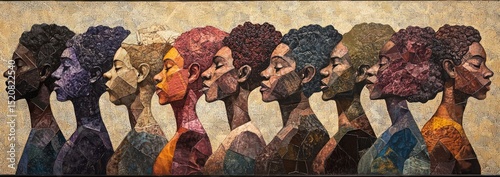 An abstract representation of diversity using human heads made from various skin tones and hair textures, arranged in the shape of people standing side by side.
