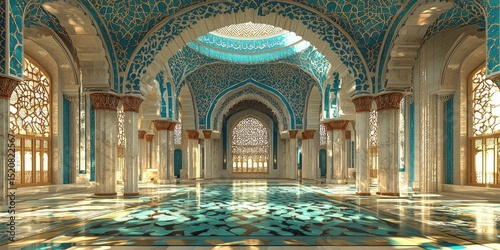 Large mosque with turquoise domes, arched entrance, and intricate tilework under clear blue sky. Generative by AI.
