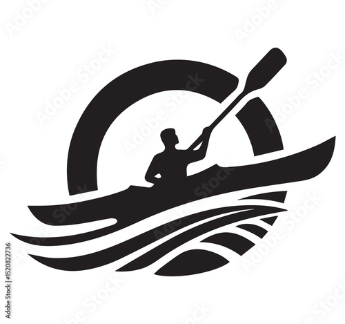Kayaking outdoor recreation logo icon symbol graphic. Silhouette person paddling kayak water waves sun circle.
