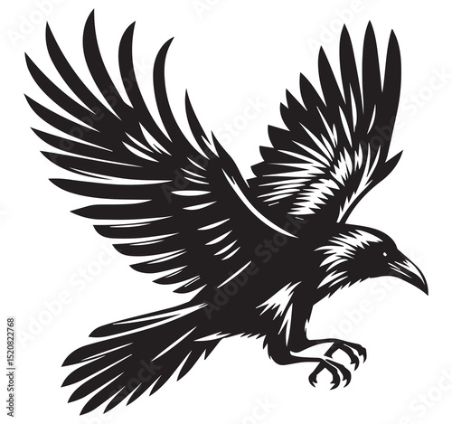 Dynamic Black Raven Or Crow Bird Flying With Spread Wings Vector Illustration Graphic Design Logo Icon