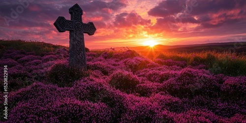 Stone cross stands in purple flower field at sunset with vibrant sky and soft light. Generative by AI.