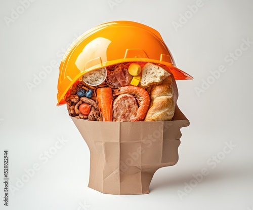 An accounting concept with a paper bag and food items in the shape of a head wearing a construction helmet on a white background, detailed illustration.
