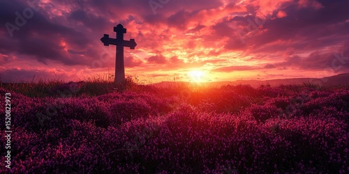 Stone cross stands in purple flower field at sunset with vibrant sky and soft light. Generative by AI.