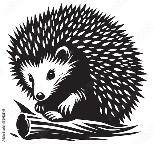 Charming hedgehog illustration sitting on a log. Black and white stylized vector art of a cute wild animal in nature.