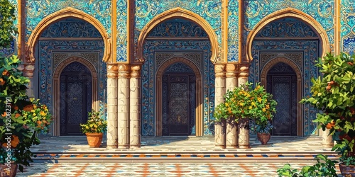 Grand arched courtyard with patterned tiles, potted plants, and detailed columns under sunlight. Generative by AI.