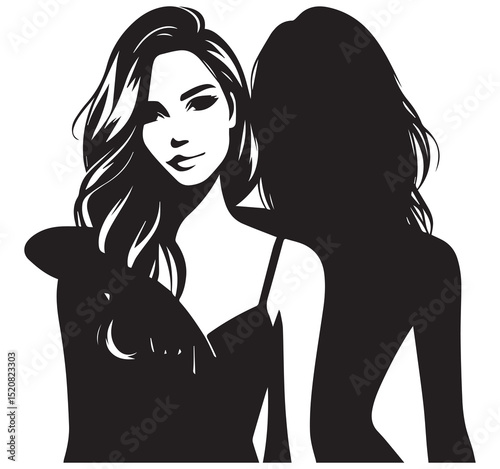 Beautiful young woman portrait with shadow silhouette black and white fashion beauty friendship concept