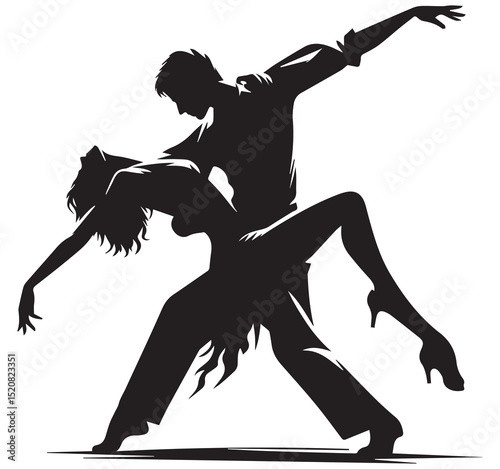 Silhouette of passionate couple dancing. Elegant man and woman performing ballroom or latin dance.