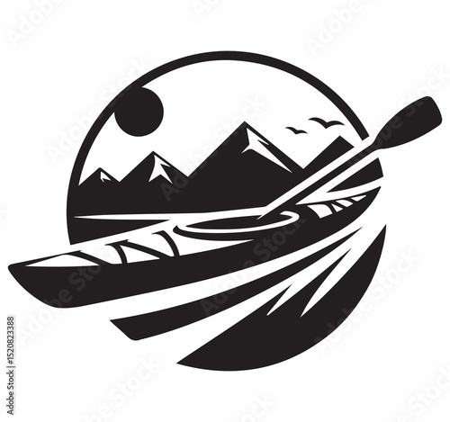 Kayaking adventure on water with mountains and sun graphic. Outdoor sport nature landscape silhouette logo icon design vector art.