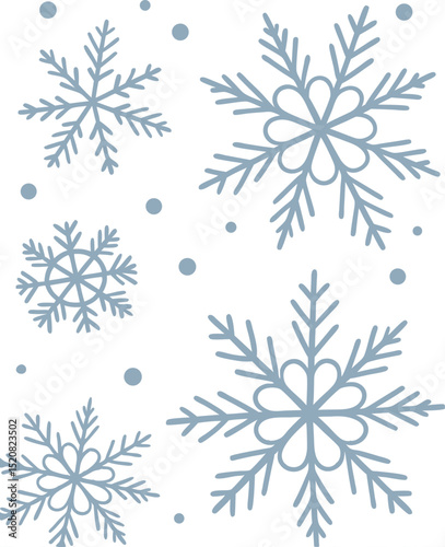 Winter snowflakes and snow dots in pale blue on white background