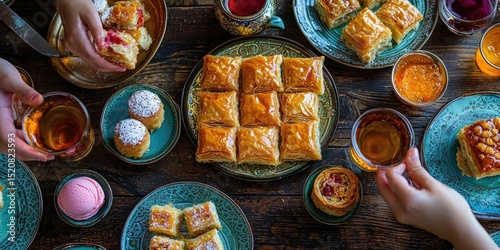 Plate of glossy layered pastries garnished with herbs and spices surrounded by bowls of various foods on a wooden table. Generative by AI.