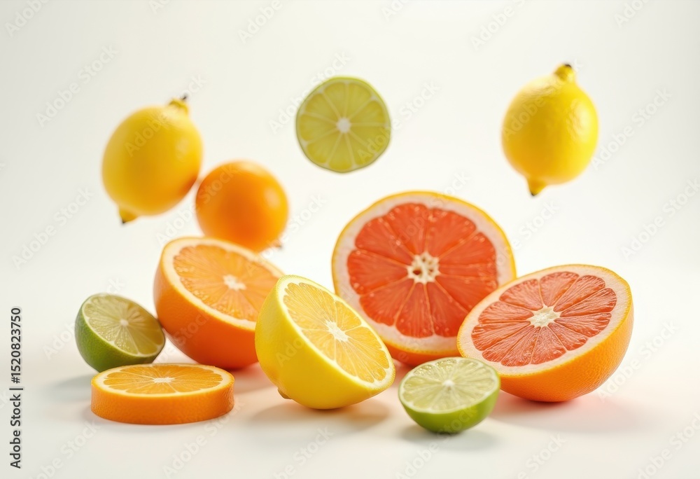 Fototapeta premium vivid fruit floating white space colorful still life tropical citrus vibrant nature freshness, apple, banana, grapes, kiwi, orange, peach, berry, melon