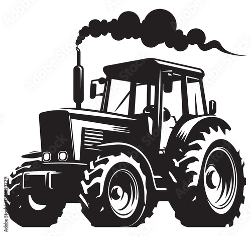 Farm tractor black and white illustration silhouette, agriculture machinery icon, rural vehicle with smoke, farming symbol.