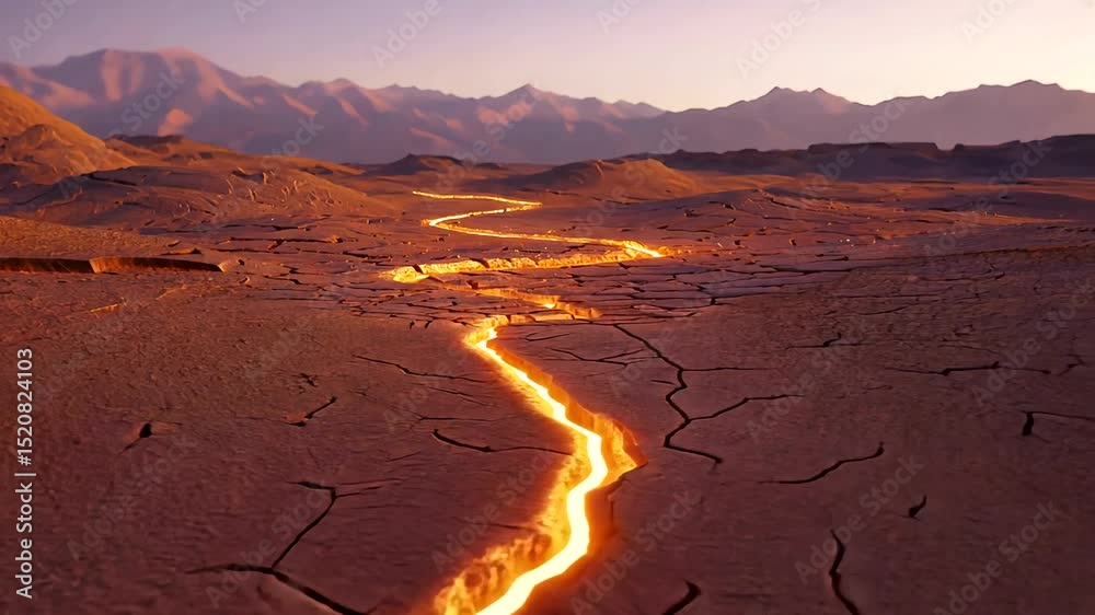 A scenic view of a lava flow winding through a cracked desert landscape at sunset