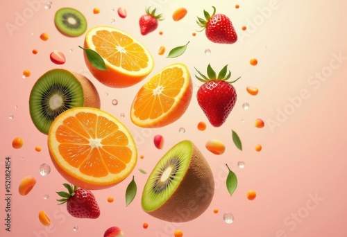 vibrant floating fruits arrangement minimal background colorful freshness abstract art, green, orange, red, yellow, blue, pink, basket, peach, kiwi, berry