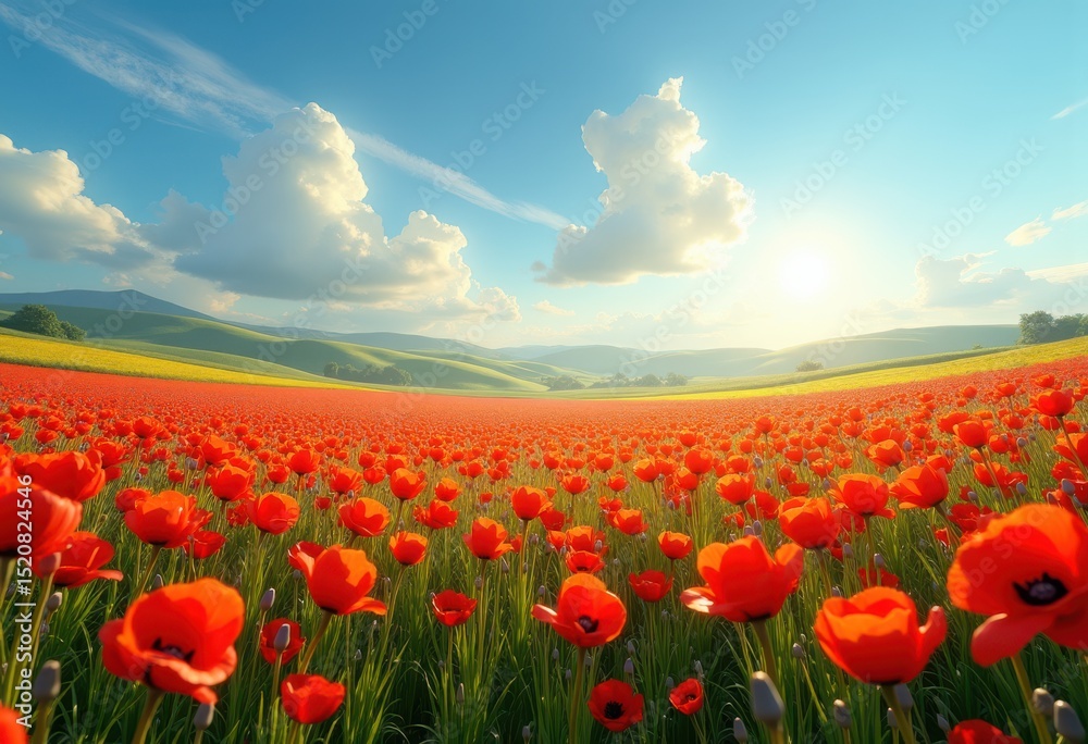 Fototapeta premium vibrant poppy field floral landscape bright colors blue sky scenic nature beauty, flowers, petal, blossom, meadow, spring, bloom, garden, colorful