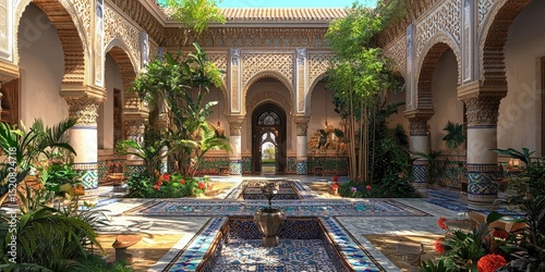 Ornate arched hall with patterned blue and gold tiles, vaulted ceiling, and columns illuminated by warm light in an Islamic architectural interior. Generative by AI.