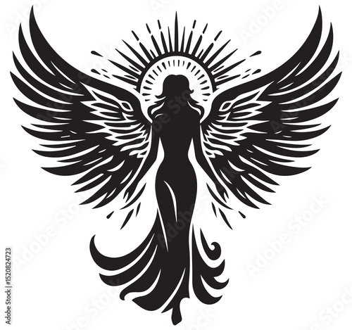 Angel silhouette with large wings and halo spiritual freedom protection symbol graphic design element isolated