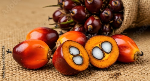 Fresh Oil Palm Fruits and Bunches on Burlap Surface