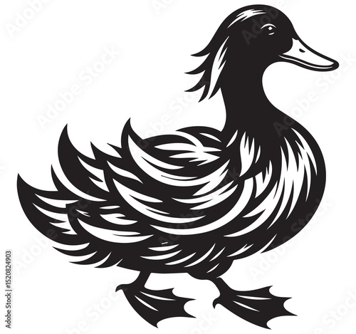 Walking duck black and white illustration graphic design element animal bird icon silhouette profile view