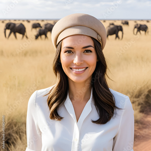 Lifestyle portrait photography of a satisfied girl in her 30s wearing a sophisticated pillbox hat at the serengeti national park tanzania. With  technology