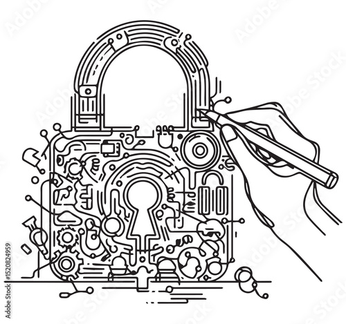 Hand Drawing Digital Security Lock Circuit Design Concept Illustration for Cybersecurity and Data Protection