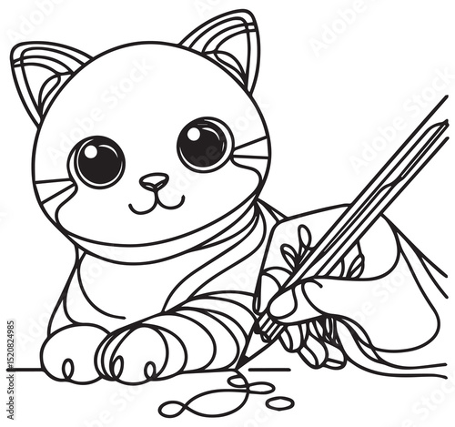 Cute cartoon cat drawing with a pencil simple line art outline illustration for coloring book creative animal art