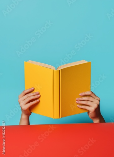 Hands holding a bright yellow book against a blue and red background in a creative indoor setting