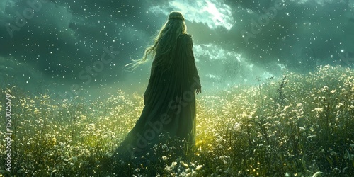 Long-haired figure in flowing green dress walks through field of glowing yellow wildflowers under sparkling golden light. Generative by AI.