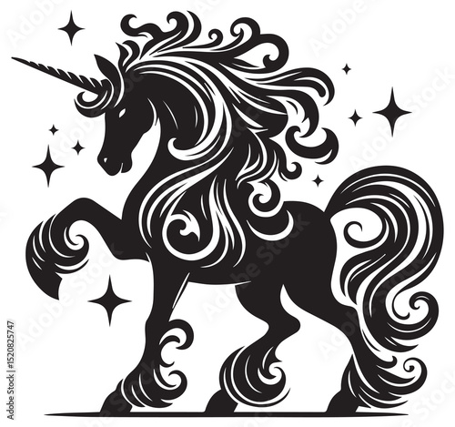 Black Unicorn Silhouette Rearing Ornate Flowing Mane Tail Stars Magical Fantasy Mythical Creature Illustration