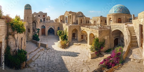 Panoramic view of ancient city with domes, minarets, and mosaic-covered buildings under blue sky with scattered clouds. Generative by AI.