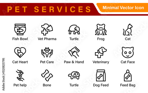 Pet Services and Animal Care Icon Set – Minimal Line Vector Illustrations for Pet Sitting, Grooming, Veterinary, Training, and Animal Health Projects