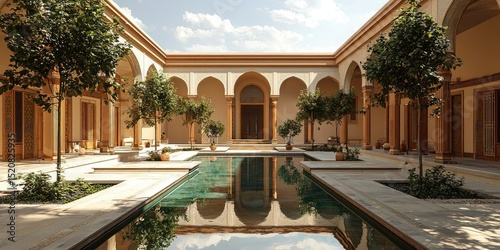 Courtyard with central rectangular pool surrounded by Islamic architecture, ornate tilework, pointed arches, and two symmetrical trees beside the main doorway. Generative by AI.