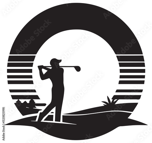 Black White Silhouette Golfer Swinging Club Graphic Logo Icon Landscape Sun Design