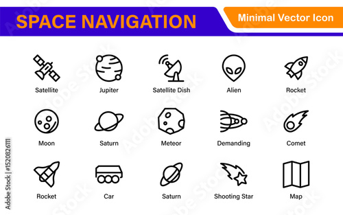Space Navigation and Trajectories Icon Set – Minimal Line Art Vector Illustrations for Astronaut, Satellite, Rocket, Trajectory, and Space Mission Designs