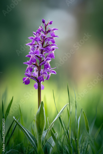 A close up of a single Early purple orchid on a sappy green meadow on a sunny early summer day.