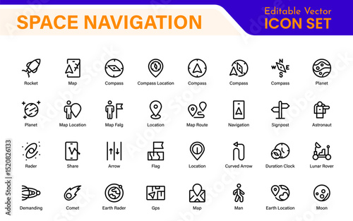Space Navigation and Trajectories Icon Set – Minimal Line Art Vector Illustrations for Astronaut, Satellite, Rocket, Trajectory, and Space Mission Designs