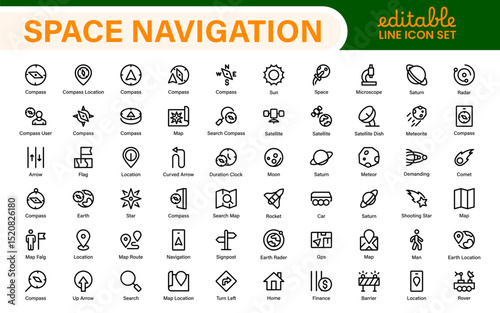 Space Navigation and Trajectories Icon Set – Minimal Line Art Vector Illustrations for Astronaut, Satellite, Rocket, Trajectory, and Space Mission Designs