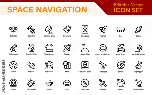 Space Navigation and Trajectories Icon Set – Minimal Line Art Vector Illustrations for Astronaut, Satellite, Rocket, Trajectory, and Space Mission Designs