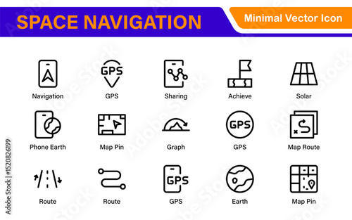 Space Navigation and Trajectories Icon Set – Minimal Line Art Vector Illustrations for Astronaut, Satellite, Rocket, Trajectory, and Space Mission Designs