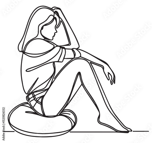 Black and White Continuous Line Drawing of a Sad Pensive Woman Sitting Hand on Head