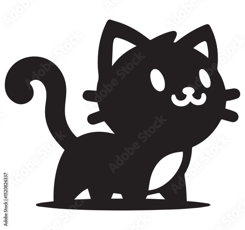 Adorable Black Cartoon Cat Standing with White Eyes Nose Mouth and Chest Patch Simple Kawaii Style
