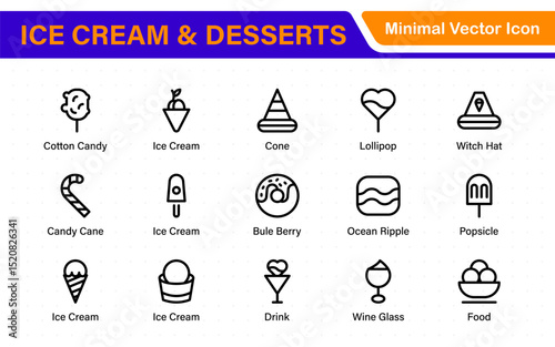 Delicious Ice Cream and Desserts Icons. A Sweet Collection for Menu Design, Recipe Apps, Bakery Projects, and Dessert Shops with Creative, Mouth-Watering Visuals