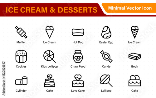 Delicious Ice Cream and Desserts Icons. A Sweet Collection for Menu Design, Recipe Apps, Bakery Projects, and Dessert Shops with Creative, Mouth-Watering Visuals