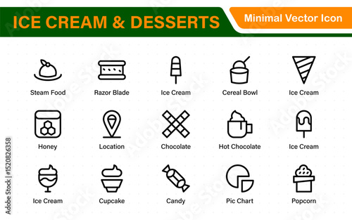 Delicious Ice Cream and Desserts Icons. A Sweet Collection for Menu Design, Recipe Apps, Bakery Projects, and Dessert Shops with Creative, Mouth-Watering Visuals