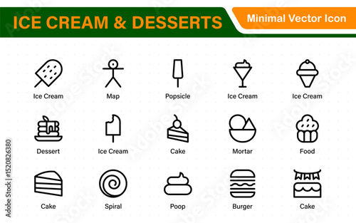 Delicious Ice Cream and Desserts Icons. A Sweet Collection for Menu Design, Recipe Apps, Bakery Projects, and Dessert Shops with Creative, Mouth-Watering Visuals