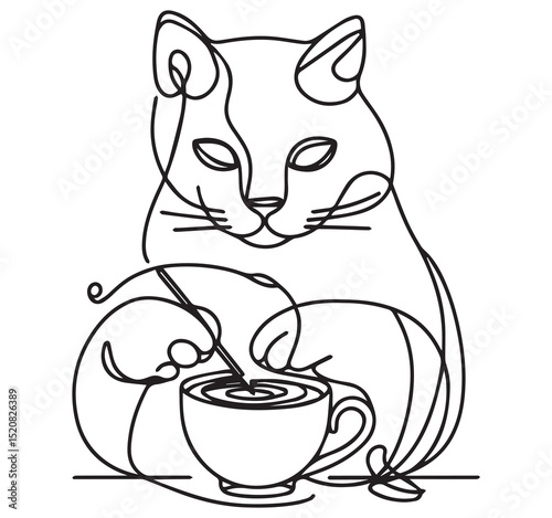 Minimalist Black and White One Line Art Drawing of a Cute Cat Stirring a Cup of Coffee