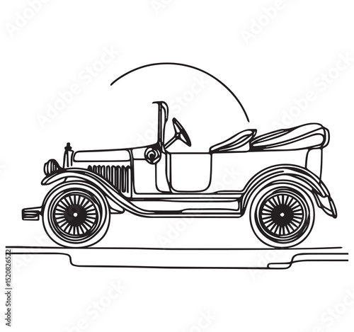 Black and White Line Art Illustration of a Vintage Classic Convertible Car