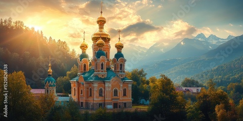 Orthodox church with golden domes and green rooftops surrounded by trees, mountains in the background, sun shining through clouds. Generative by AI.